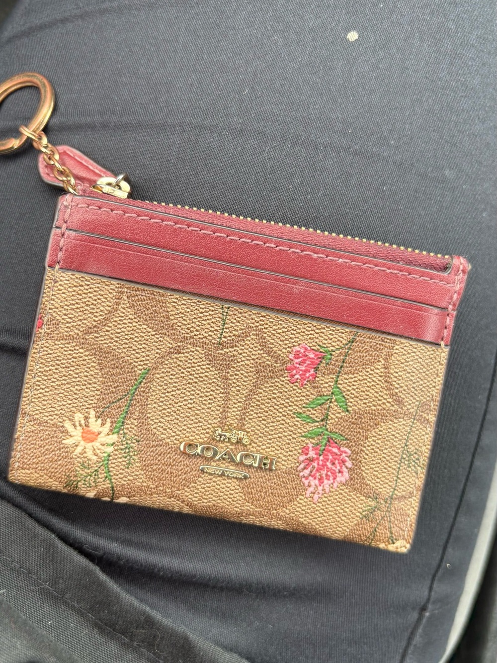Coach Floral Signature Card Case with Red Trim